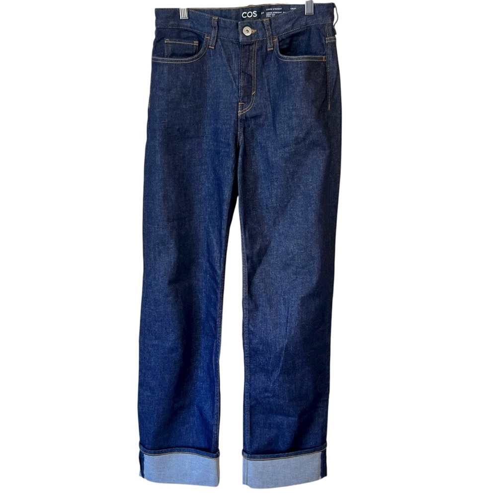 COS loose straight-leg dark-wash cuffed denim high rise jeans